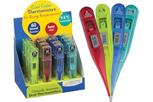 Veridian Handheld Fahrenheit/Celsius Digital Thermometer Display Kit Digital Display 08-301VC, 16 Ct | Assorted Colors, Fever Alert at 100.0°F, Oral, Rectal & Underarm Use, Memory Recall, Storage Case