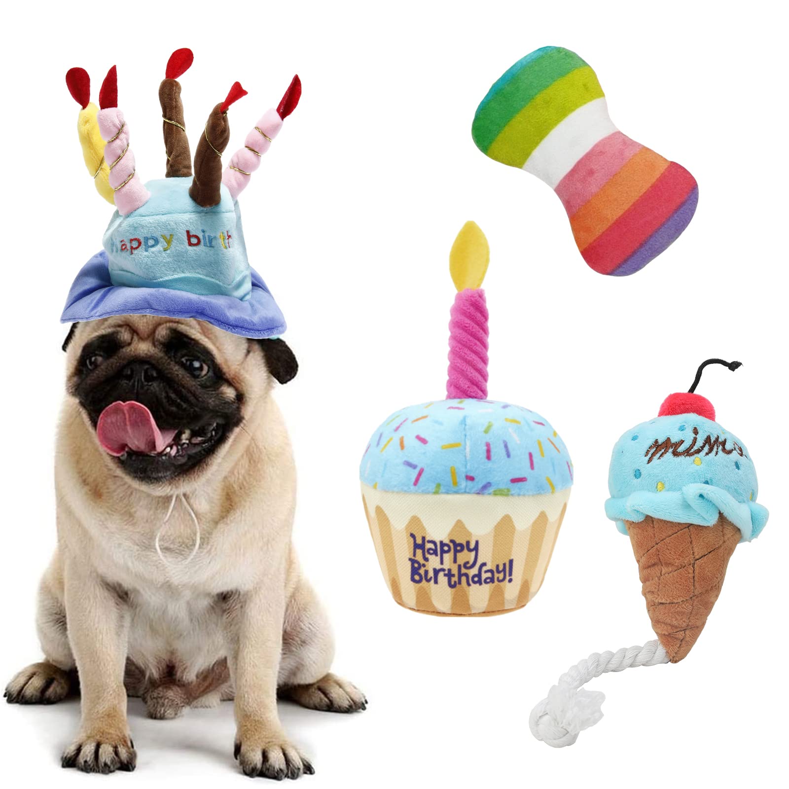 TEKCAM Squeaky Dog Toys with Dog Birthday Hat 4 Pack Dog Birthday Cake Squeaky Plush Dog Toy Puppy Rainbow Bone Squeaky Dog Ice Cream Chew Toys with Rope Dog