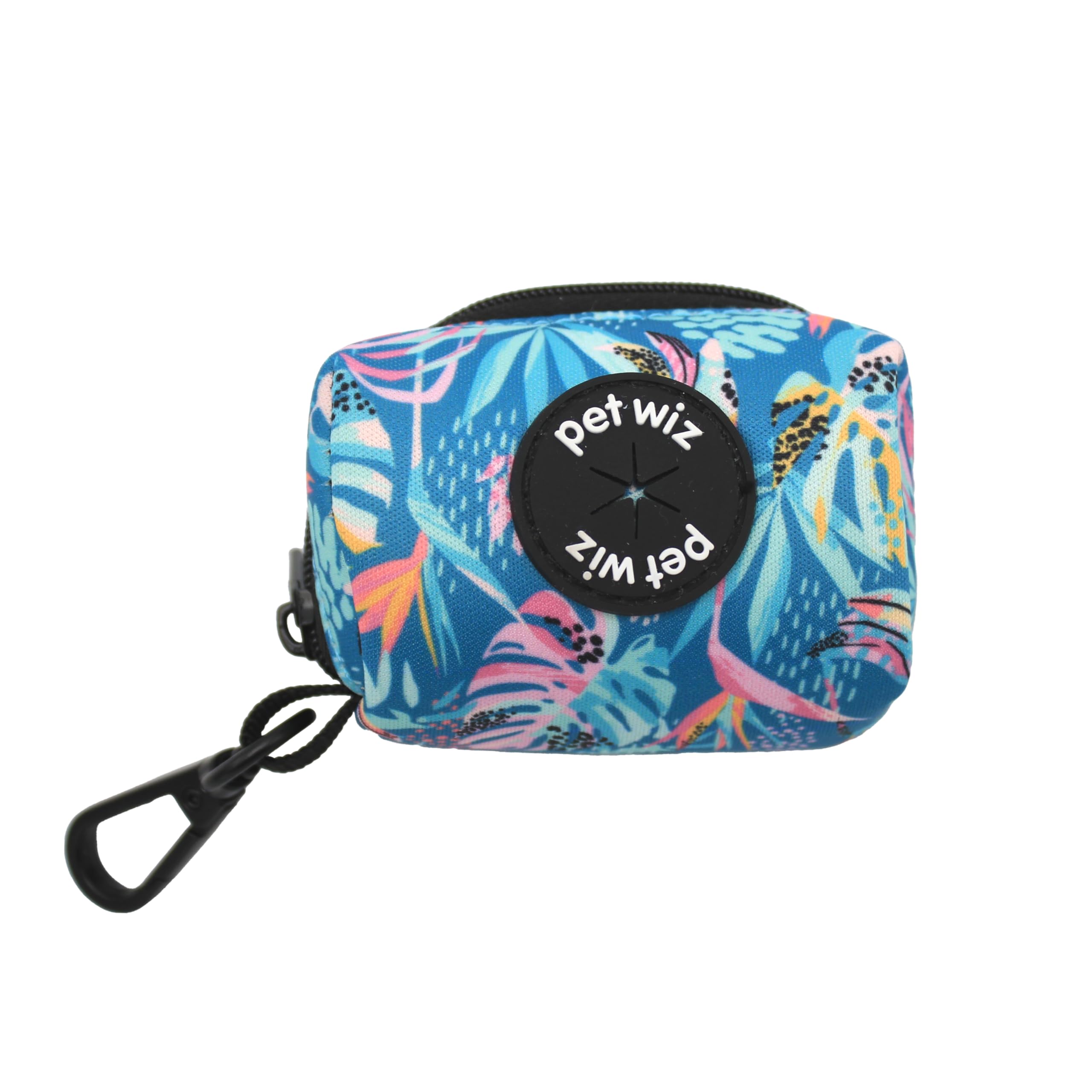 Poop Bag Holder, in an Easy Clean Material and Fun Designs. Featuring a Zip and Clip for Easy Attachment to Lead. Convenient Poop Bag Dispenser including Roll of Bags. (Tropical Breeze)