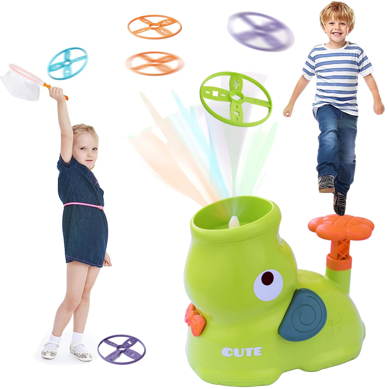 Kids Outdoor Toys,Autism Sensory Equipment,Toddler Garden Flying Toys for Boys&Girls,Flying Disc Launcher Toy with 8 Saucers,Outside Yard Activities Lauching& Chasing Games for Kids 4-8 Years Old
