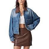 D-Sun Women's Denim Jackets Leather Collar Long Sleeve Zipper Cropped Jean Jacket Denim Coat With Pockets