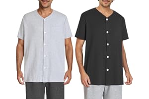 Esenchel Men's Button Up Pajama Shirt Cotton Sleep Top 2 Pack