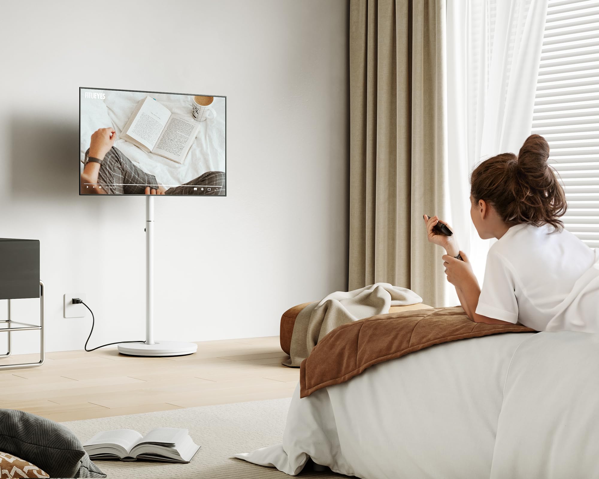 FITUEYES Design Small Rolling TV Cart for 24-48 Inches TV, Minimalist Modern TV Floor Stand on Wheels Fits Max VESA 200x200mm, V2 Portable Smart TV Cart, White, Master Series