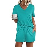 RUBZOOF Women's Short Sleeve Pajama Sets with Pockets Casual V Neck 2 Piece Lounge Sets S-3XL