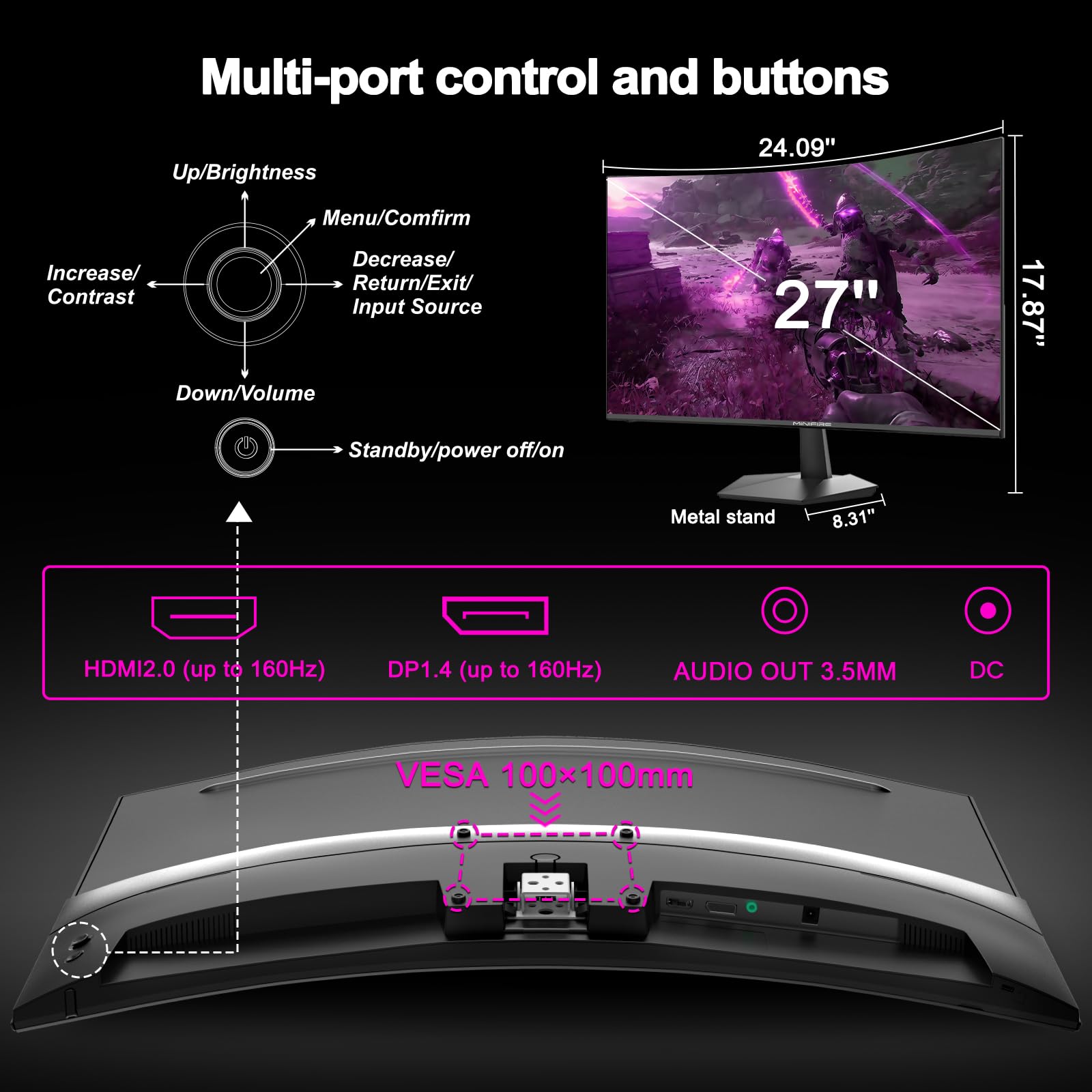 Minifire 27 Inch Curved Gaming Monitor 160Hz, Fhd 1920X1080, Pc Screen With Va Panel 1500R, 1Ms Gtg, Srgb130%, Computer Screen, Vesa Compatible, Eye Care Adaptive Sync Hdmi＆Dp Prots (Mfg27C1L) - View 9