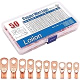 50pcs Copper Wire Lugs,10 Types UL Listed Heavy Duty Wire Lugs Battery Cable Closed Ends Bare Copper Eyelets Tubular Ring Ter