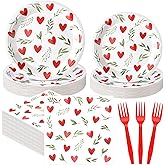 Rtteri 96 Pcs Valentine's Day Plates and Napkins Sets Watercolor Heart Green Leaves Tableware Set Valentines Galentines Party Supplies for Wedding Dinner Supplies Tableware Decor for 24 Guests