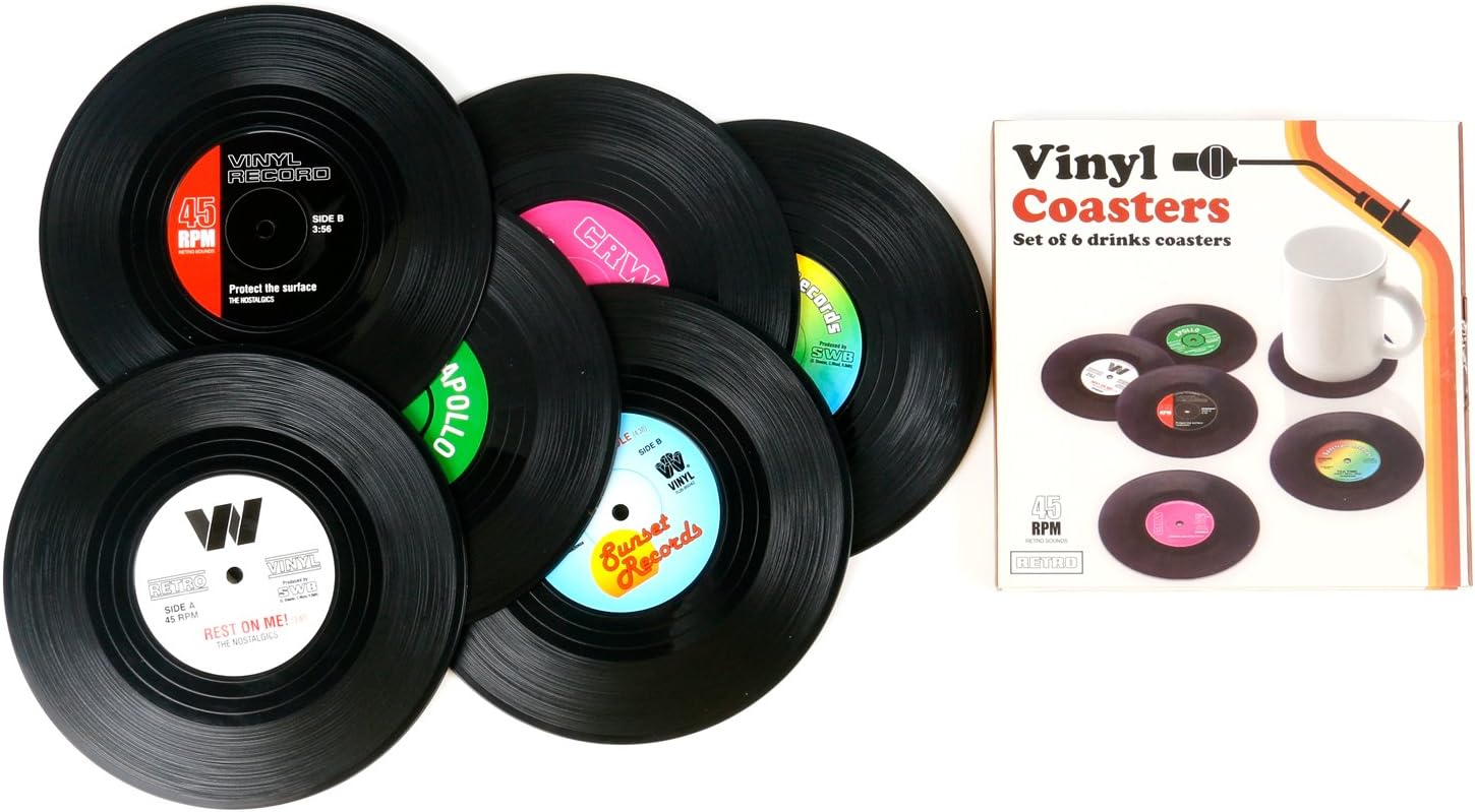 TRIXES Set of 6 Vinyl Record Retro Music Coasters, Table Top Protection Prevents Furniture Damage - Image 5