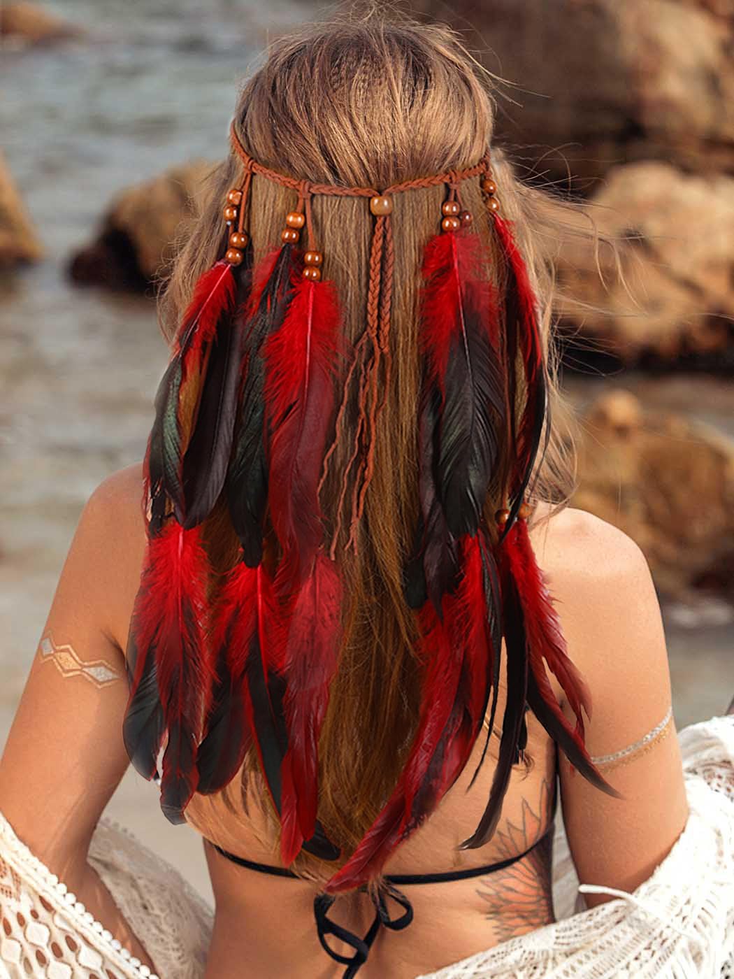 Fashband Indian Feather Headband Boho Tassel Hippie Tribal Headpiece Festival Hair Accessoriess for Women (Red, One Size)