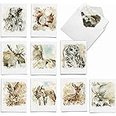 The Best Card Company - 10 Assorted Blank Notecards Box Set 4 x 5.12 Inch with Envelopes (10 Designs, 1 Each) Boxed Assorted Kid Cards of Pets - WATERCOLOR WILDLIFE M6629OCB-NB