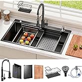 Black Drop In Kitchen Sink: 30in Stainless Steel single bowl Workstation | 8.68 Spacious Single Basin Speeds Up Post Feast Cleanup For Heavy Cooking Homemakers Via 7-Piece Accessories Combo