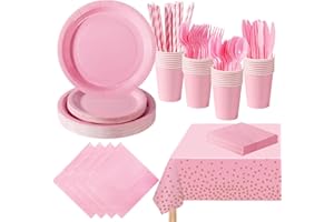 PYAILI 193 Pcs Light Pink Party Tableware Set, Paper Plates Cups Napkins Tablecloth, Dinnerware Set for Kids Adult Birthday,W
