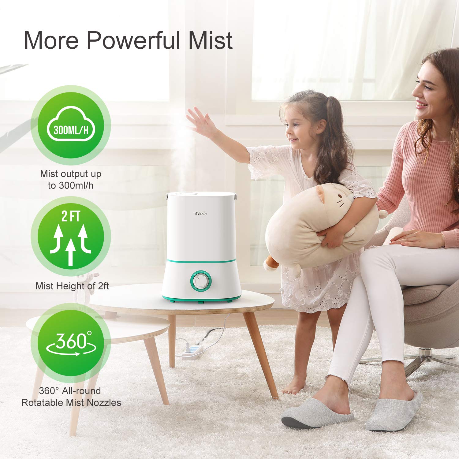 iTeknic Humidifiers, Upgrade Ultrasonic Cool Mist Humidifier for Bedroom Baby 12-50 Hours, Ultra Quiet, Easy to Clean, 360° Nozzle, Auto Shut-Off (4L/1.06 Gallon US 110V)