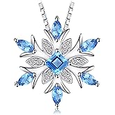 JewelryPalace Snowflake Flower Genuine Swiss Blue Topaz Necklace for Women, 14k Gold Plated 925 Sterling Silver Necklaces for Women, Gemstones Birthstone Statement Pendant Necklace, 18 Inch Box chain