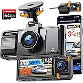 Real 4K 3 Channel Dash Cam Front and Rear Inside, STARVIS 2 HDR Sensor, 5.8GHz Wi-Fi GPS G-Sensor, 4K+1080P+1080P Dashcam, Free 64GB Card Include, IR Night Vision, 3.3'' Big IPS, 24Hr Parking Monitor