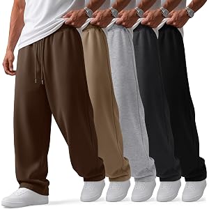 Neer 5 Pack Men's Baggy Sweatpants Wide Leg Pants | Athletic Open Bottom Joggers, Drawstring Elastic Waist, Side Pockets, Mul