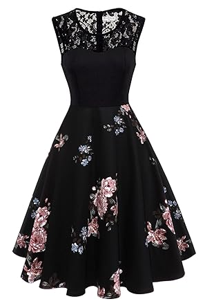 MisShow Damen Elegantes Rockabilly Kleider mit Floralmuster