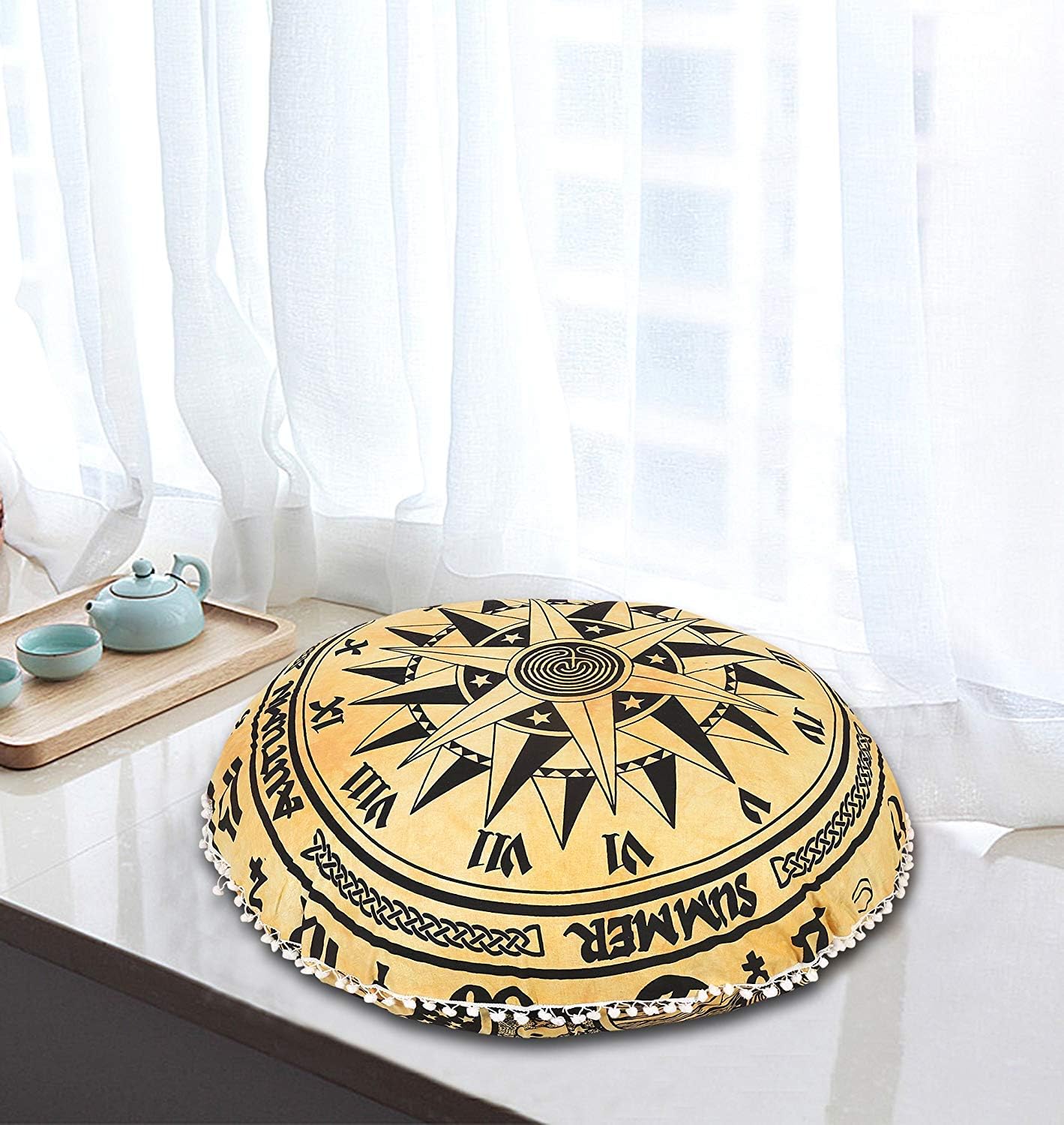 AAKARSHAN 32" Yellow Compass Mandala Floor Pillow Meditation Cushion Seating Throw Cover Hippie Decorative Bohemian Boho Indian