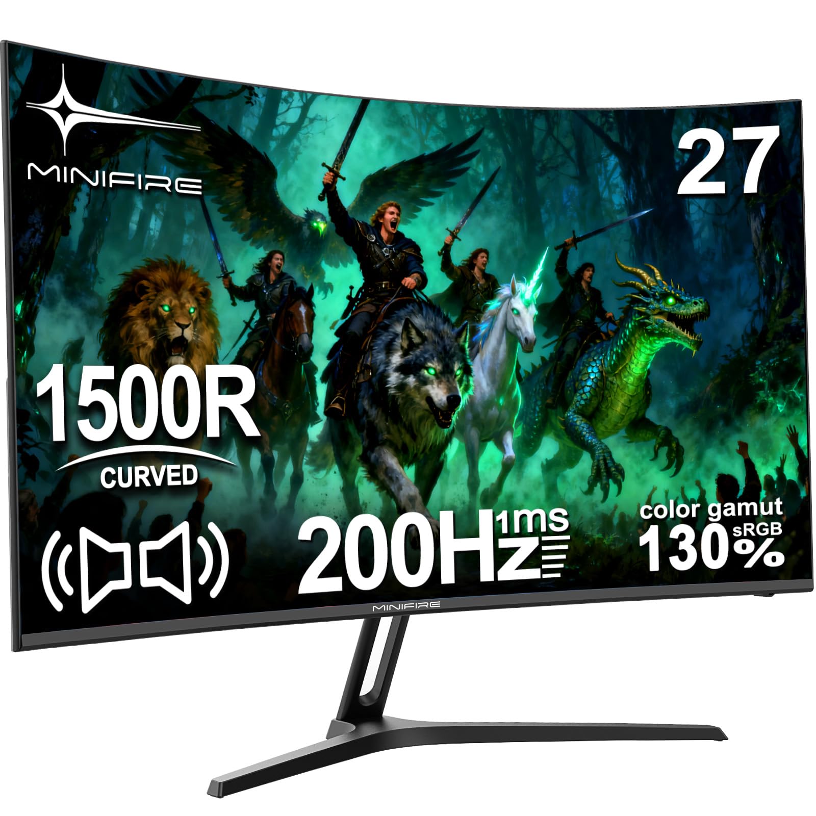 Minifire Gaming Monitor 27 Zoll Curved -200Hz, 1ms Reaktionszeit, VA Panel mit 130% sRGB, Lautsprecher integriert, 1920x1080 Full HD, Adaptive Sync, für PS5/PC Gaming, inklusive HDMI-Kabel (MFG27C1)