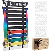 YOLOGoing Karate Belt Display, 10-Belt Taekwondo Rack with Stickers | Wood martial arts belt holder with medal hanger and personalized stickers, 95% preassembled for easy wall mounting