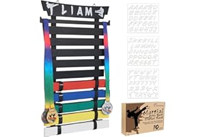 YOLOGoing 10 Belts Karate Belt Display Rack with Stickers, Taekwondo Belt Display 【No Assembly Required】 Martial Arts Belt Display, Karate Belt Holder for Kids and Adult, Wood, Black
