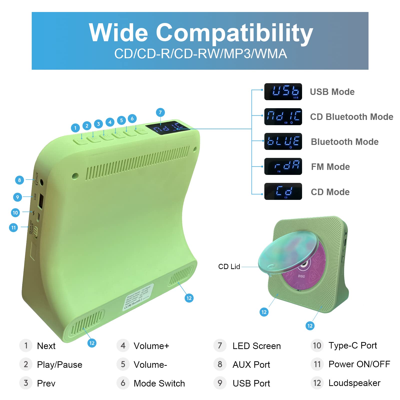 Realinkus Green CD Player for Home, Desktop CD Player with Speakers, FM Radio, Remote Control, Bluetooth, USB and AUX Port, Vertical Stand and Portable, Wired