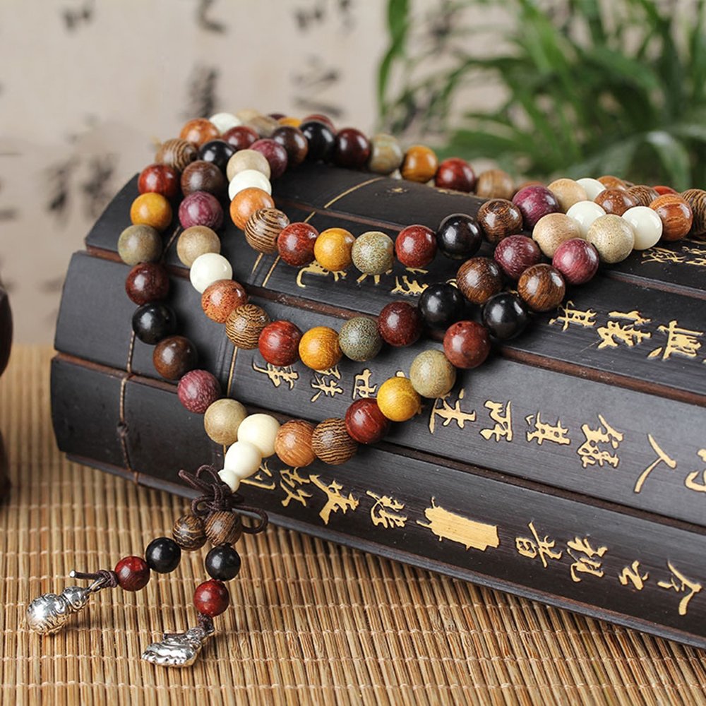 Buddhist Prayer Beads - Tibetan Mala Necklace - 8mm 108 Wood Colorful Beads Bracelet for Meditation Yoga