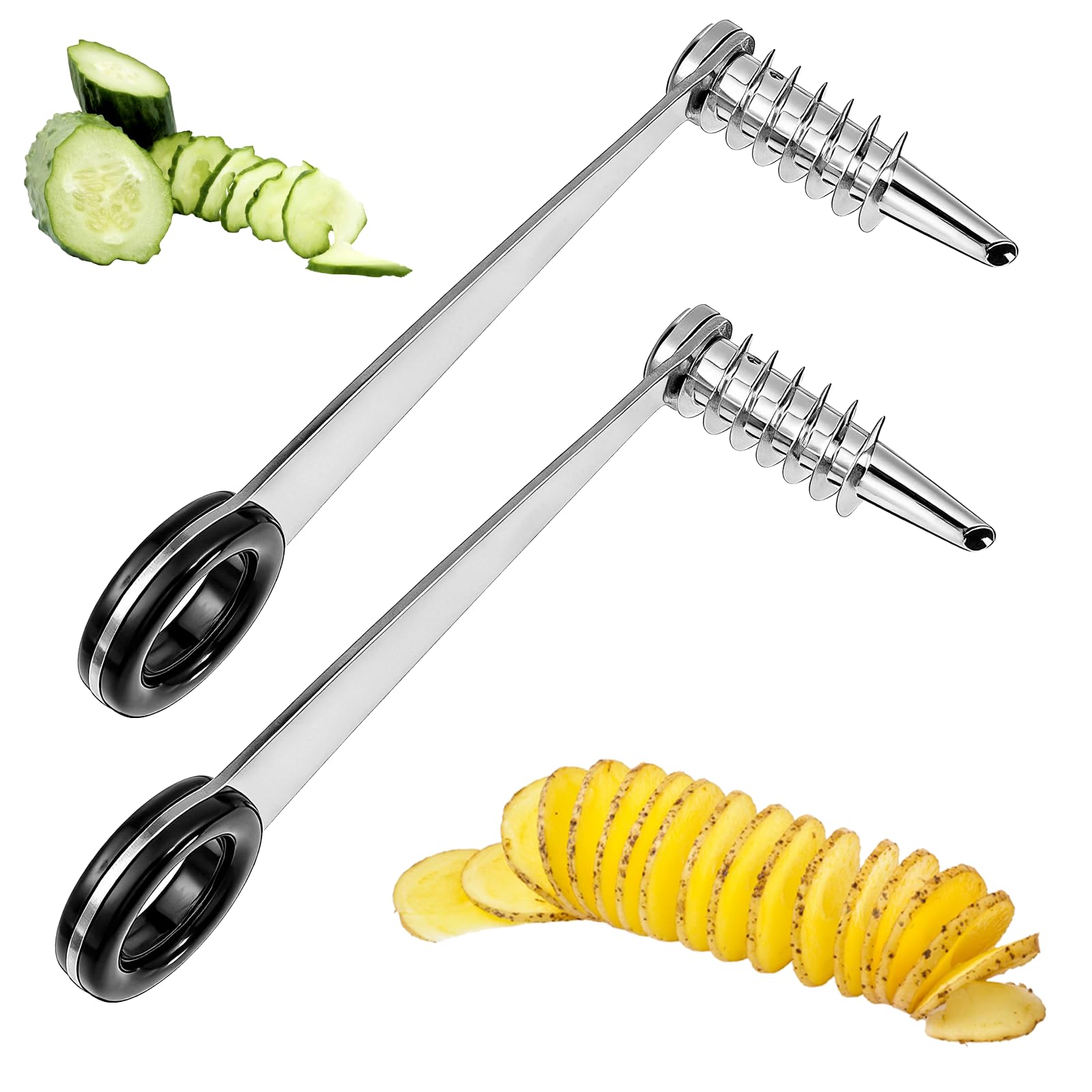 Photo 1 of 2 Pcs Spiral Potato Cutter, Piranha Spiral Knife Kitchen Accessories Tool, Stainless Steel Curly Fry Cutter, Spirals Slicer for Vegetables, Cucumbers and Carrots