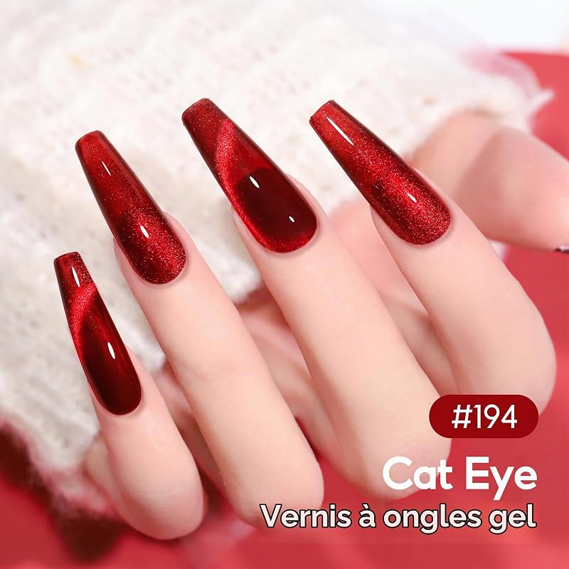 Vernis Semi Permanent Rouge, 6 Couleurs Bourgogne Foncé Paillettes Cat Eye Vernis à Ongles Soak-Off UV/LED French Manucure Gel Ongle UV pour Salon DIY Home 10ml