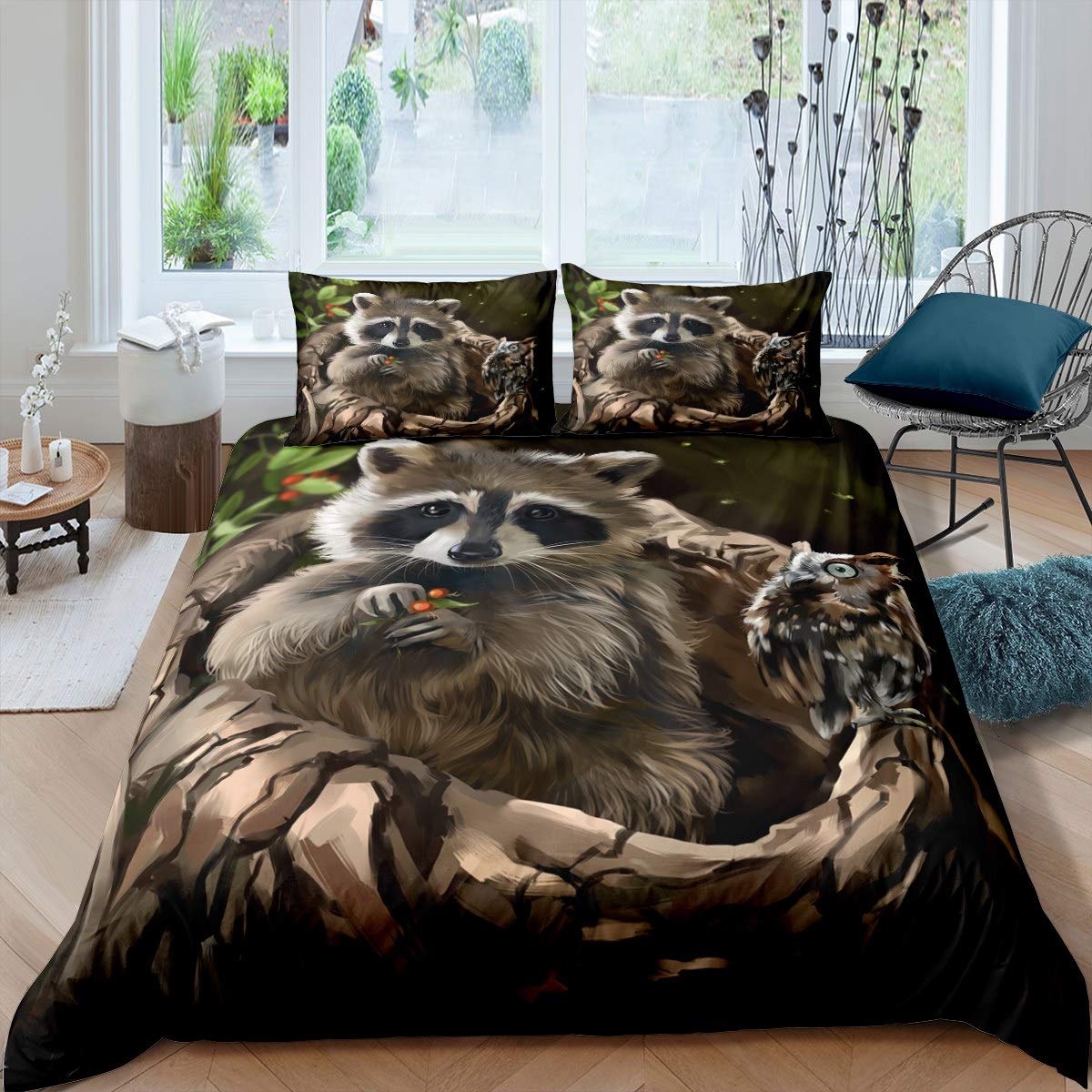 Raccoon Duvet Cover Cute Animal Theme Bedding Owl Pattern Comforter Cover for Boys Girls Kids Room Decor Wildlife Style Bedspread Cover Nature Single Size With 1 Pillow Case