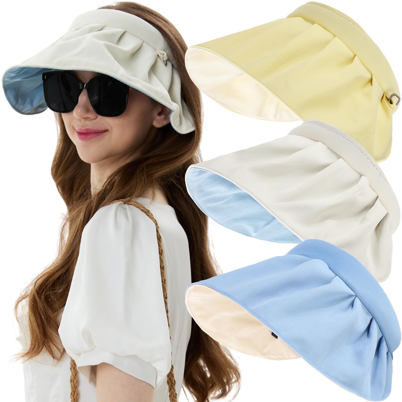 Photo 1 of Tigeen 3 Pcs Sun Visor Hat for Women Large Wide Brim Cap 2 in 1 Visor Cap Shell UV Protection Summer Foldable Hat (Yellow, Beige, Blue)