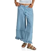 Cicy Bell Womens Ruffle Wide Leg Jeans Cropped Elastic High Waisted Baggy Denim Pants with Pockets