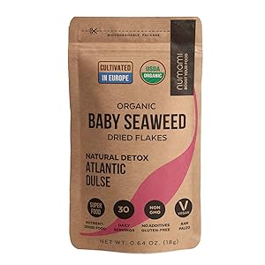Organic Atlantic Dulse Flakes - Young Baby Seaweed Grown in North Atlantic, Vacuum Dried Premium Quality. Soft Texture & Mild Taste. Add 1 tsp to your dish for daily vitamins/minerals. 30 Servings