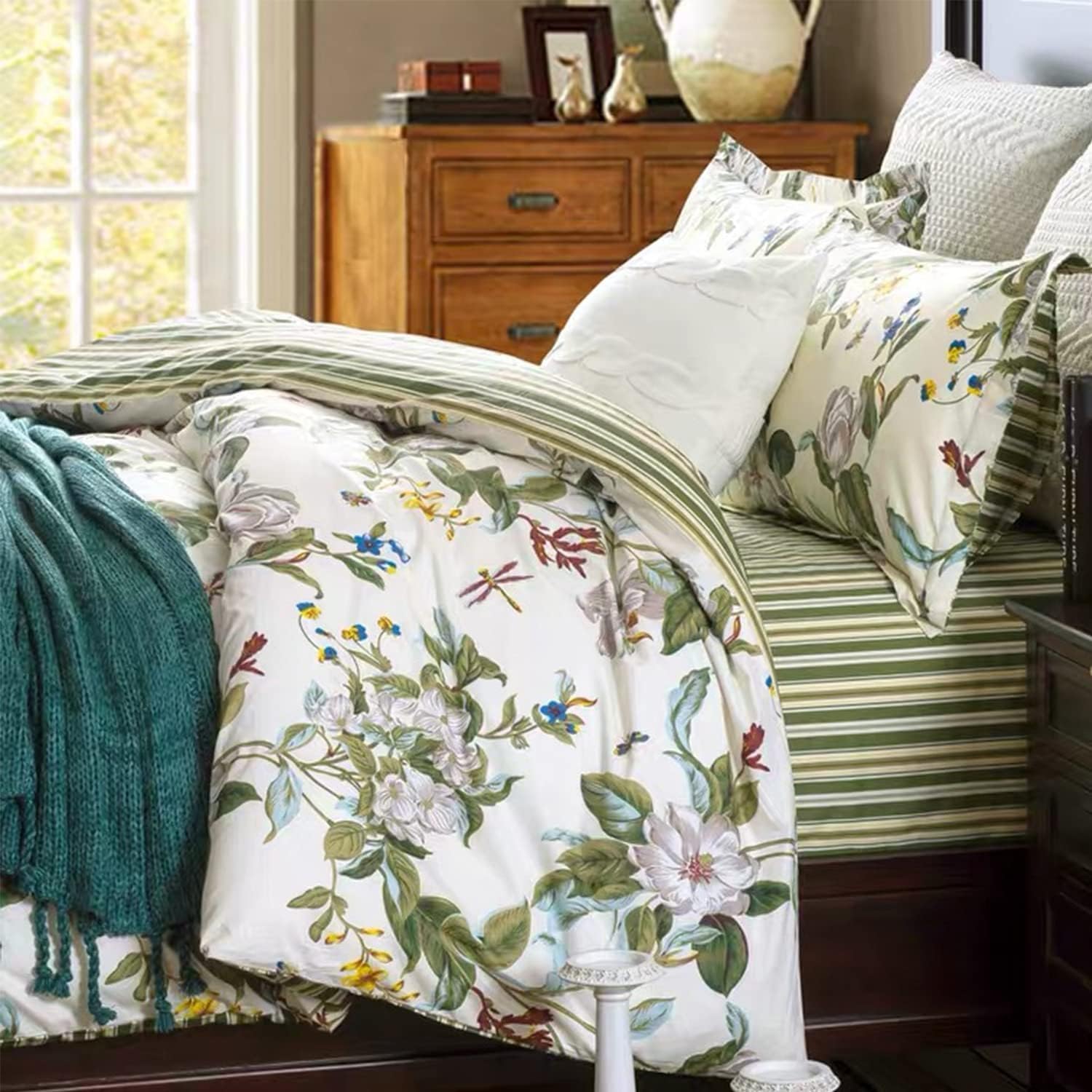 USTIDE Shabby Floral Farmhouse Cotton Duvet Cover Set King - 3pc Reversible Green Beige Striped Bedding (2 Pillowcases, No Comforter)