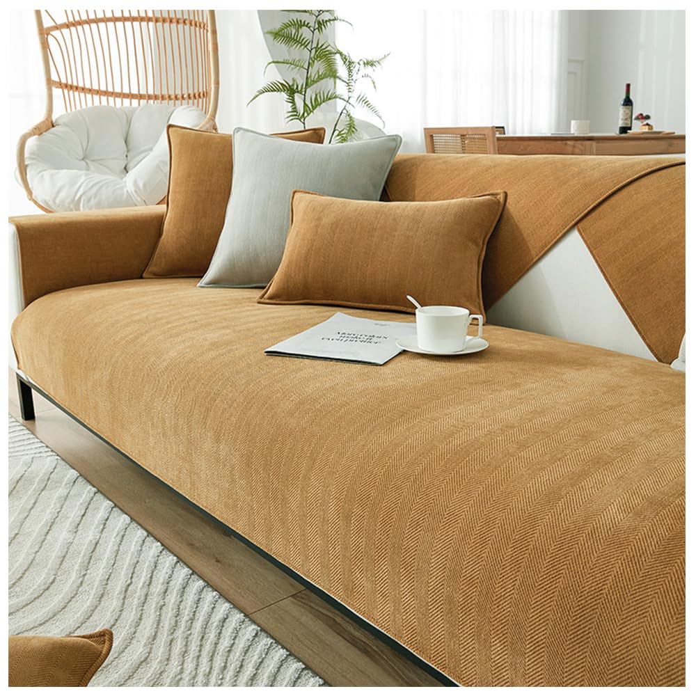 NUODWELL Herringbone Chenille Sofa Cover 1/2/3/4 Seater, Furniture Protector Couch Cover Universal Non-Slip L Shape Couch Cover Quilted Corner Slipcovers for Living Room (Khaki, 90 * 90cm)