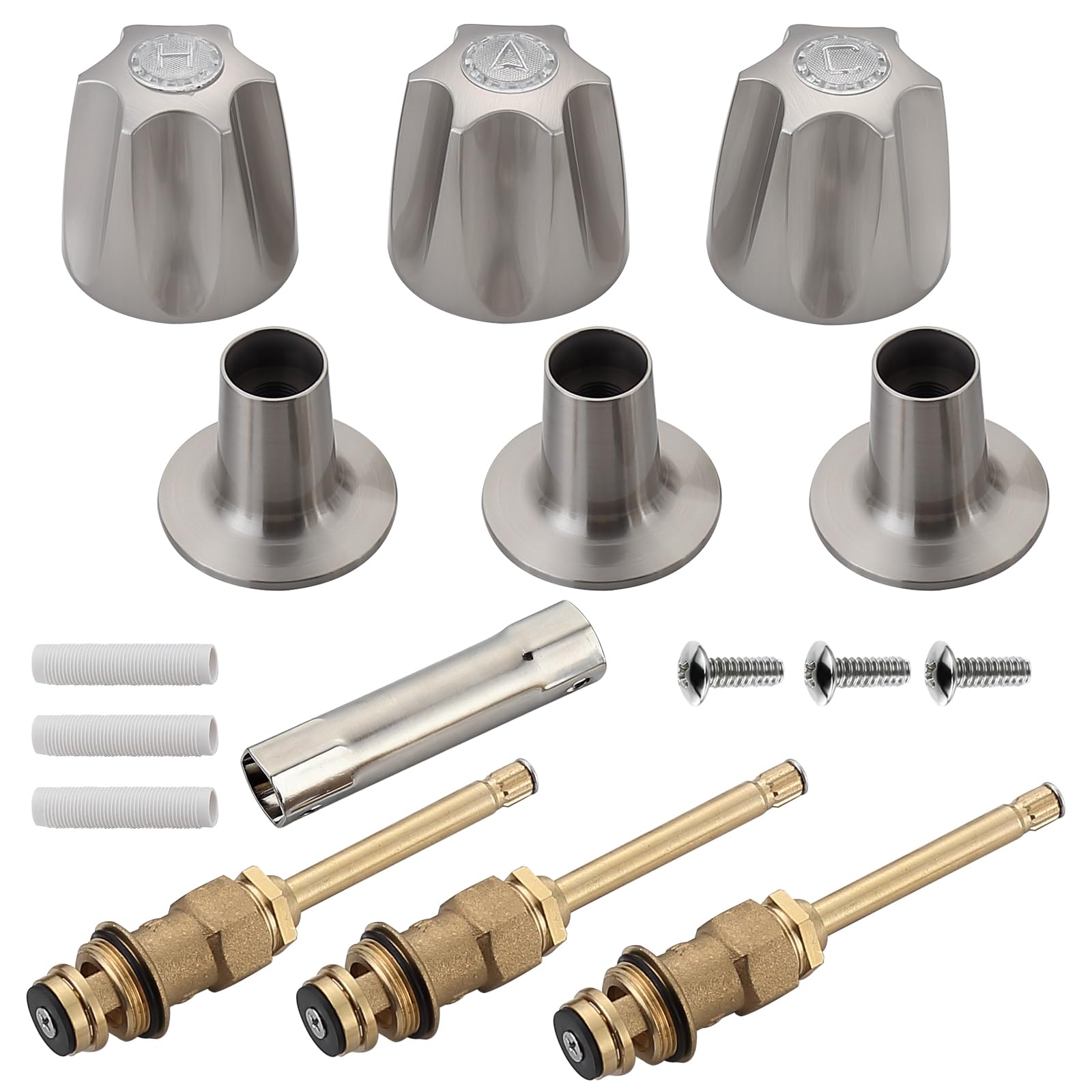 Photo 1 of 39619 Bathtub Shower Handle Remodel/Rebuild Trim Kit, Shower Knob 3 Piece for Price Pfister Verve Faucets, Includes 12H-2H, 12H-2C, 12H-18D Stems and Tubs knob Handle and Flange Base (Brushed Nickel)