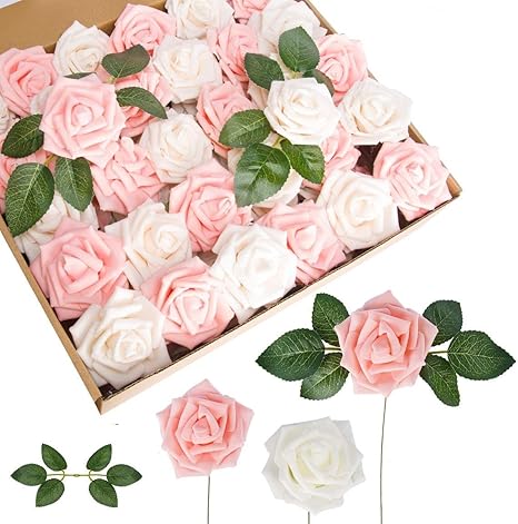 Amazon Lyxoto 造花 ローズ バラの蕾 手作り ブーケ インテリア 本物そっくり 枯れない花 結婚式 プロポーズ 誕生日 バレンタインデー 母の日 家庭 転居 お祝い お見舞い プレゼント 飾り 装飾 25本セット箱入り付き ホワイト ピンク 造花 オンライン通販