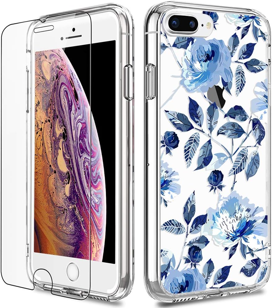 iPhone 8 Plus Case, iPhone 7 Plus Case with Screen Protector, LUHOURI Clear Girls Women Slim Fit Protective Hard Case with Soft TPU Bumper Silicone Cover Phone Case for iPhone 8 Plus / 7 Plus, Blue