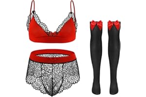 FreeNFond Men's Lingerie Sissy Lace Bra Panties Set with Bowknots Stockings 3Pcs Crossdressers Nightwear