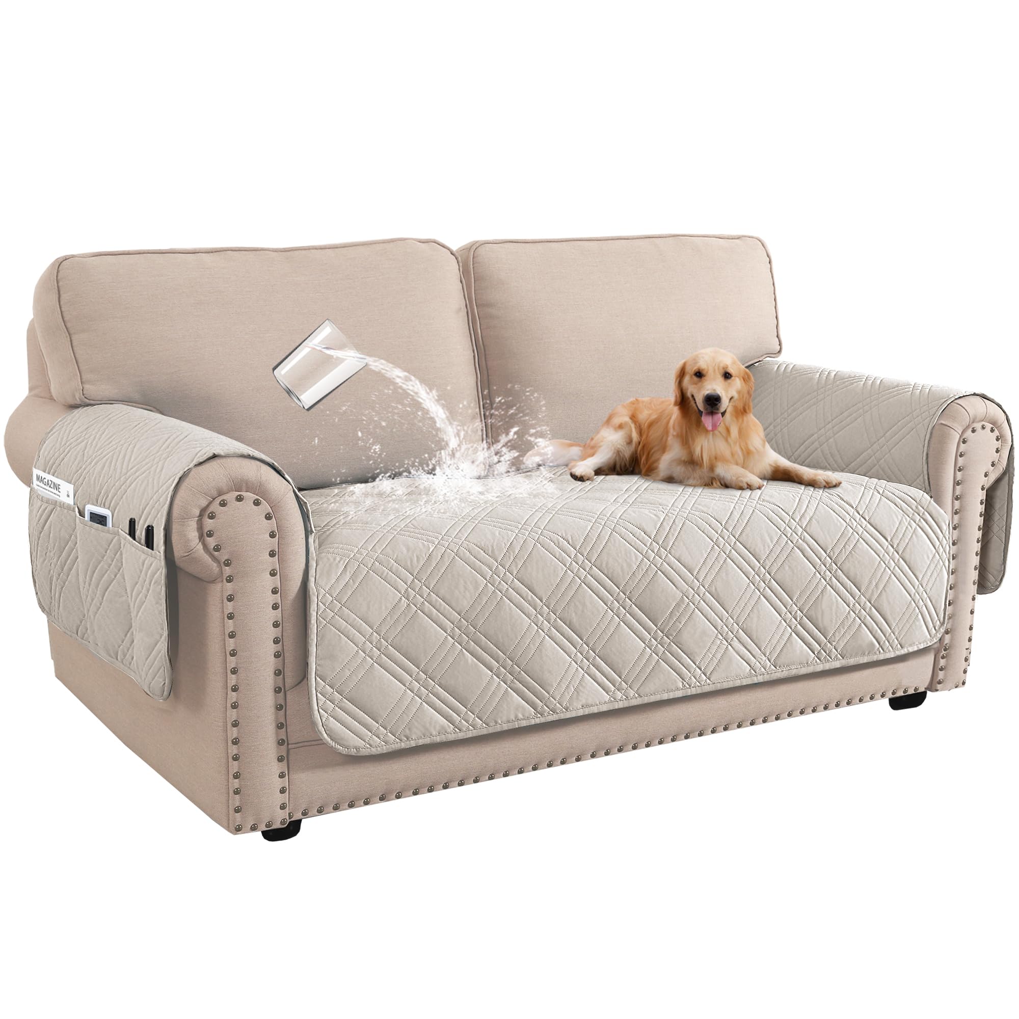 BellaHills 100% Waterproof Sofa Covers 2 Seater Sofa Cover for Living Room Washable Seat Covers with Side Pocket Furniture Protector from Pets (2 Seater, French Oak)