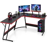 HWGEBY L Shaped Gaming Desk Modern Computer Desk, Home Office Desks with Large Monitor Riser Stand, Sturdy PC Desk for Bedroom Minimalist Black 50Inch