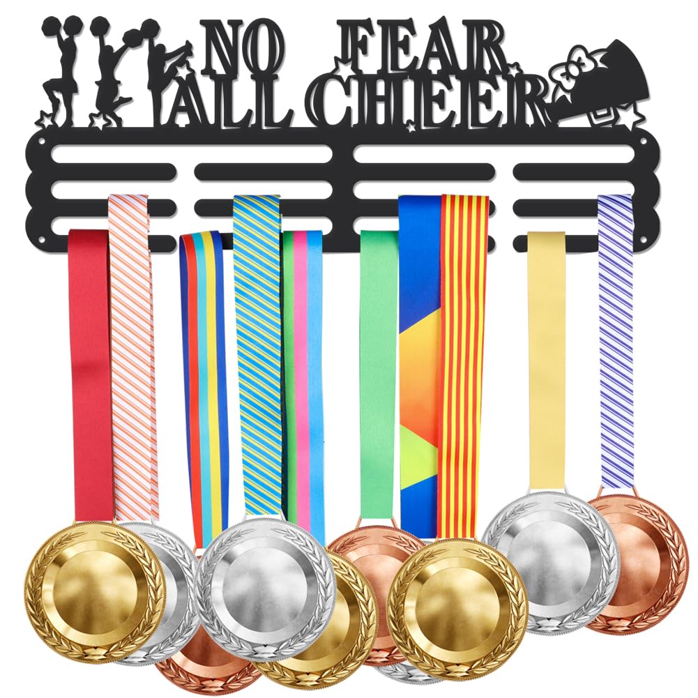 SUPERDANT Cheerleader Medals Metal Hook Display Wall Rack Frame Awards Ribbon NO FEAR ALL CHEER Holder Display Rack Can Withstand 10-15 kg Gift for Athletes
