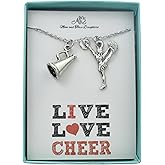 MOM & THREE DAUGHTERS Cheerleader and Megaphone Necklace | Stainless Steel | 16" Plus 2" Extender | Cheer Gift for Her