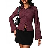 Women Striped Fitted Button Down Shirts Bell Long Sleeve Shirt Office Work Blouse Tops