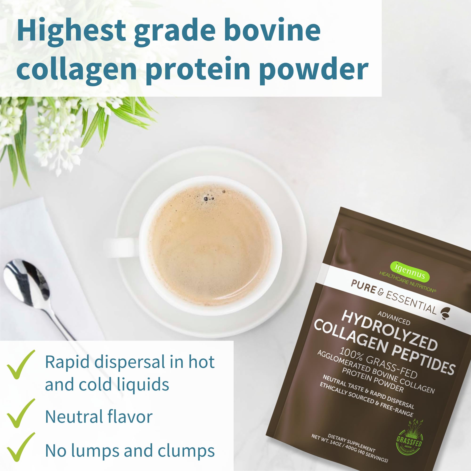 Igennus Highest Grade Hydrolyzed Collagen Peptides, Clean Label, 100% Grass Fed Bovine Collagen Protein Powder, for Collagen Types 1, 2 & 3 for Women & Men, Non-GMO, Free Range, 40 Servings
