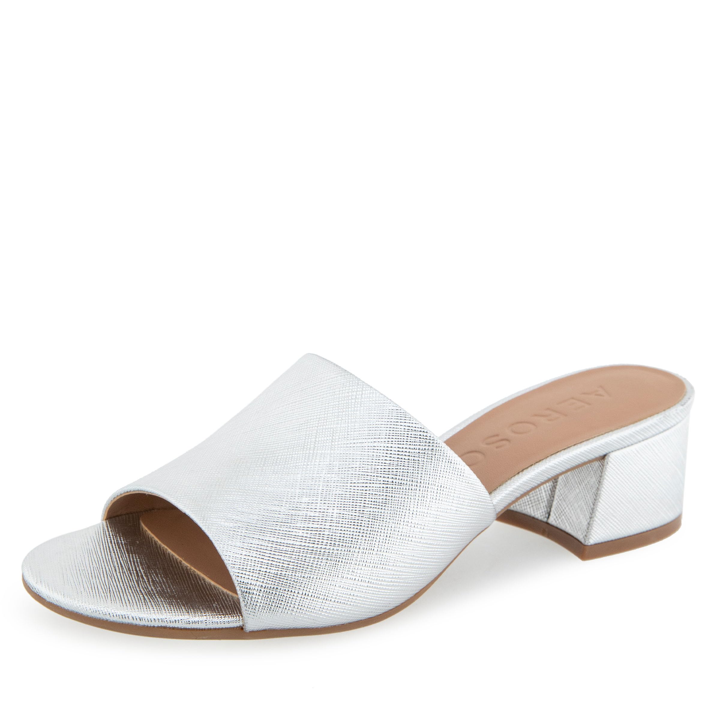 AerosolesWomen’s Como, Block Heeled Slide Sandal, Silver Metallic Textured Faux Leather10W
