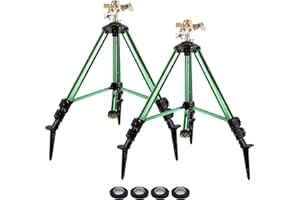 HUTENOY Sprinklers for Yard,Heavy-Duty Impact Sprinkler on Ground Plug Tripod Base, 360 Degree, 0-43 Feet Large Area Coverage Yard Sprinklers, Adjustable Height 16-37” Water Sprinkler for Lawn 2 Pack