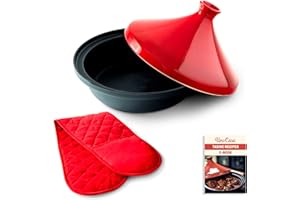 Uno Casa Cast Iron Tagine Pot Moroccan for Cooking - 3.65 Quart Tajine Pot Moroccan with Enameled Cast Iron Base and Ceramic Lid, Finest Cookware - Tangine Pot Red Double Oven Mitts Included