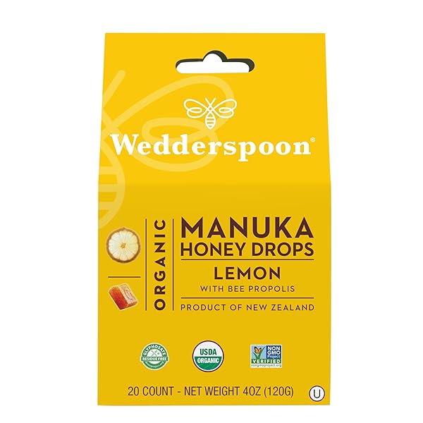 WEDDERSPOON ORGANIC MANUKA HONEY DROPS, LEMON & BEE PROPOLIS, 20 COUNT (PACK OF 1) | GENUINE NEW ZEALAND HONEY | PERFECT REMEDY FOR DRY THROATS