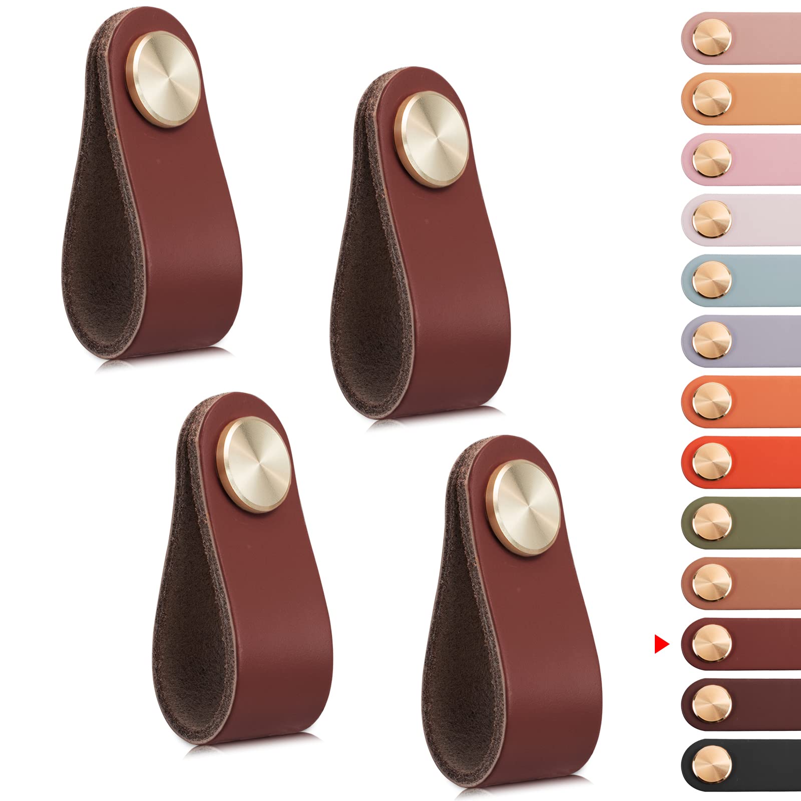 LEREATI 4pcs Leather Drawer Handles Drawer Knobs Kitchen Cupboard Handles Leather Drawer Pulls, Door Knobs for Cupboards, Wardrobe, Dresser, Closet (Brown, Single Hole)